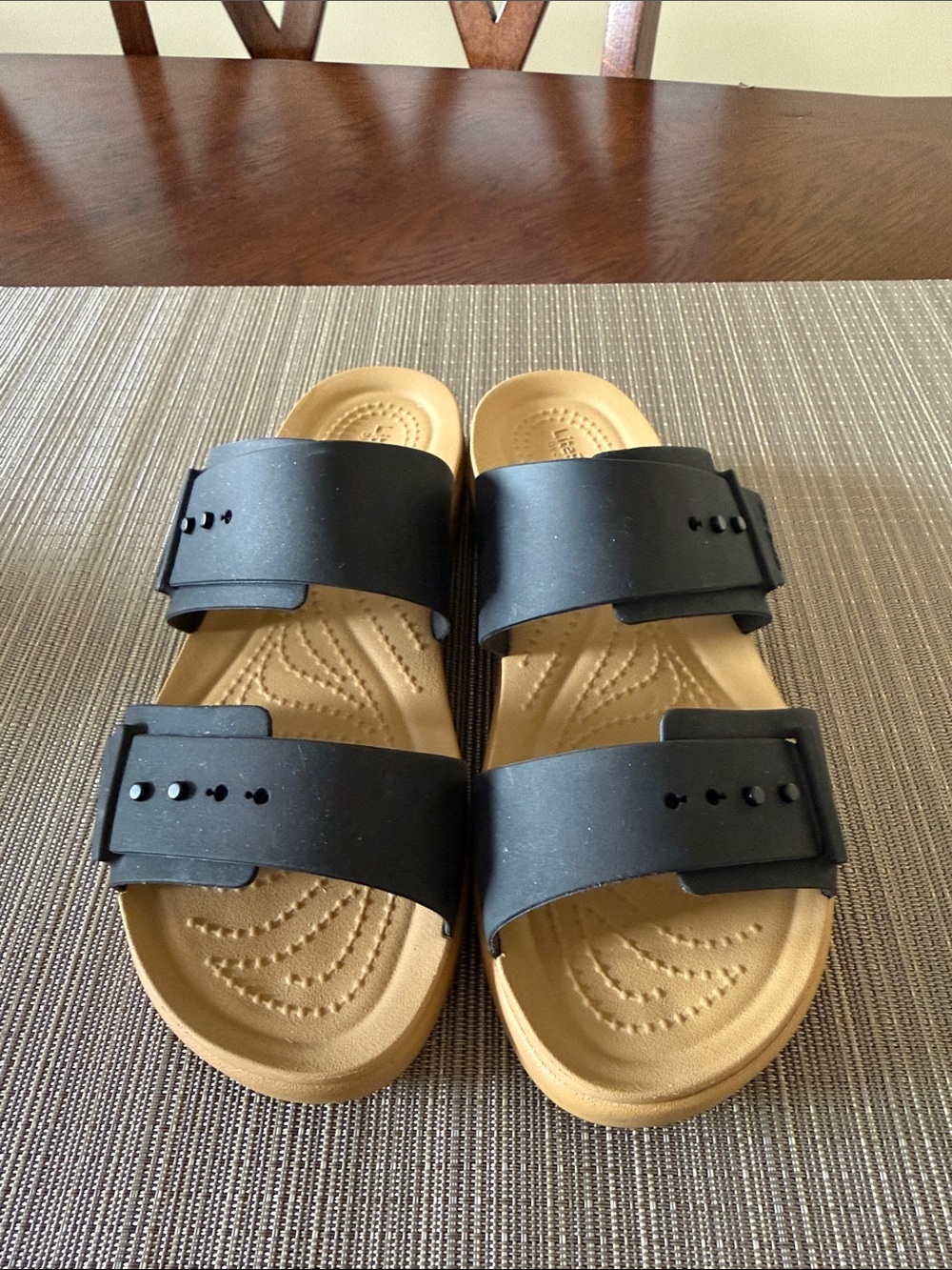 Crocs Black Two-Strap Slide Sandals with Tan Footbed - Picture 2 of 4